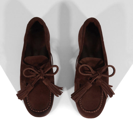 Coffee Faux Suede Square-Toe Front Bow With Fringe Slip-On Flats