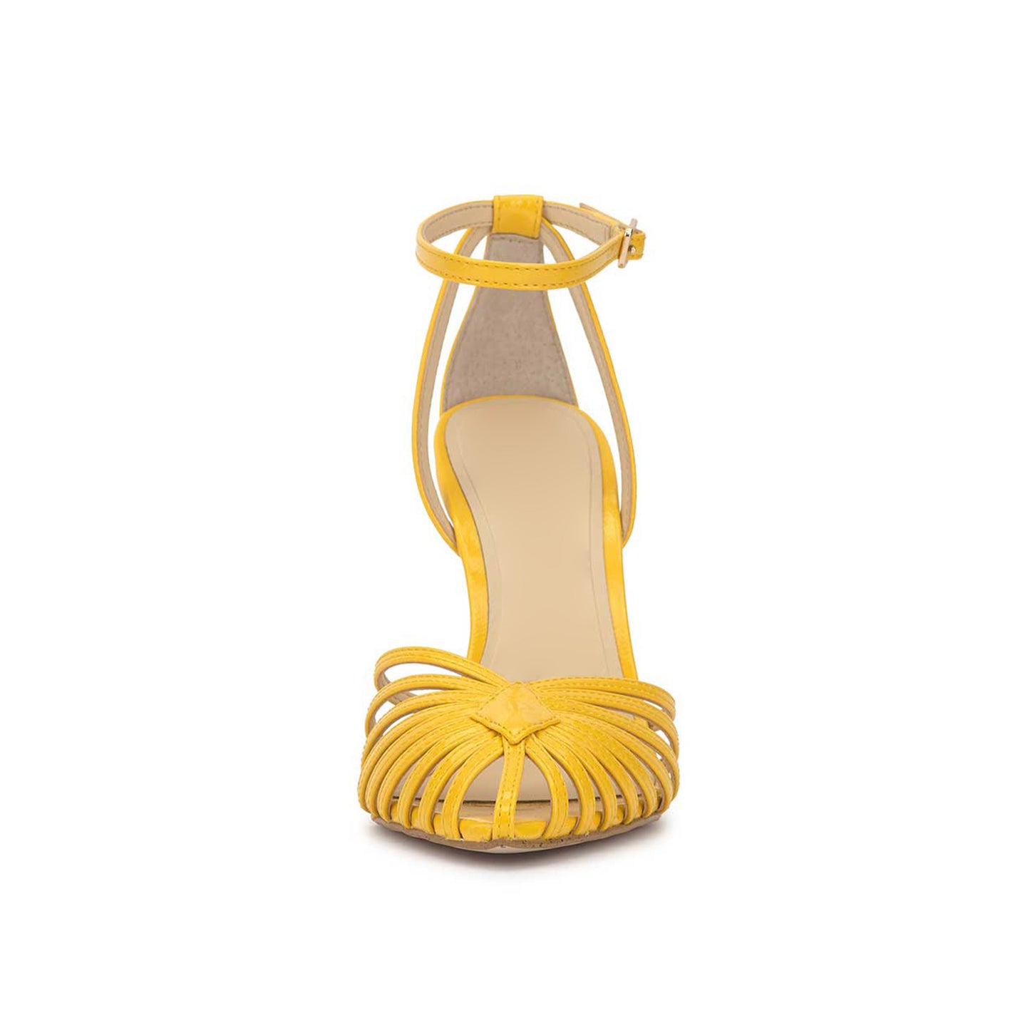 Patent Yellow Pointed-Toe Front Strappy Ankle Strap Pumps High Heels