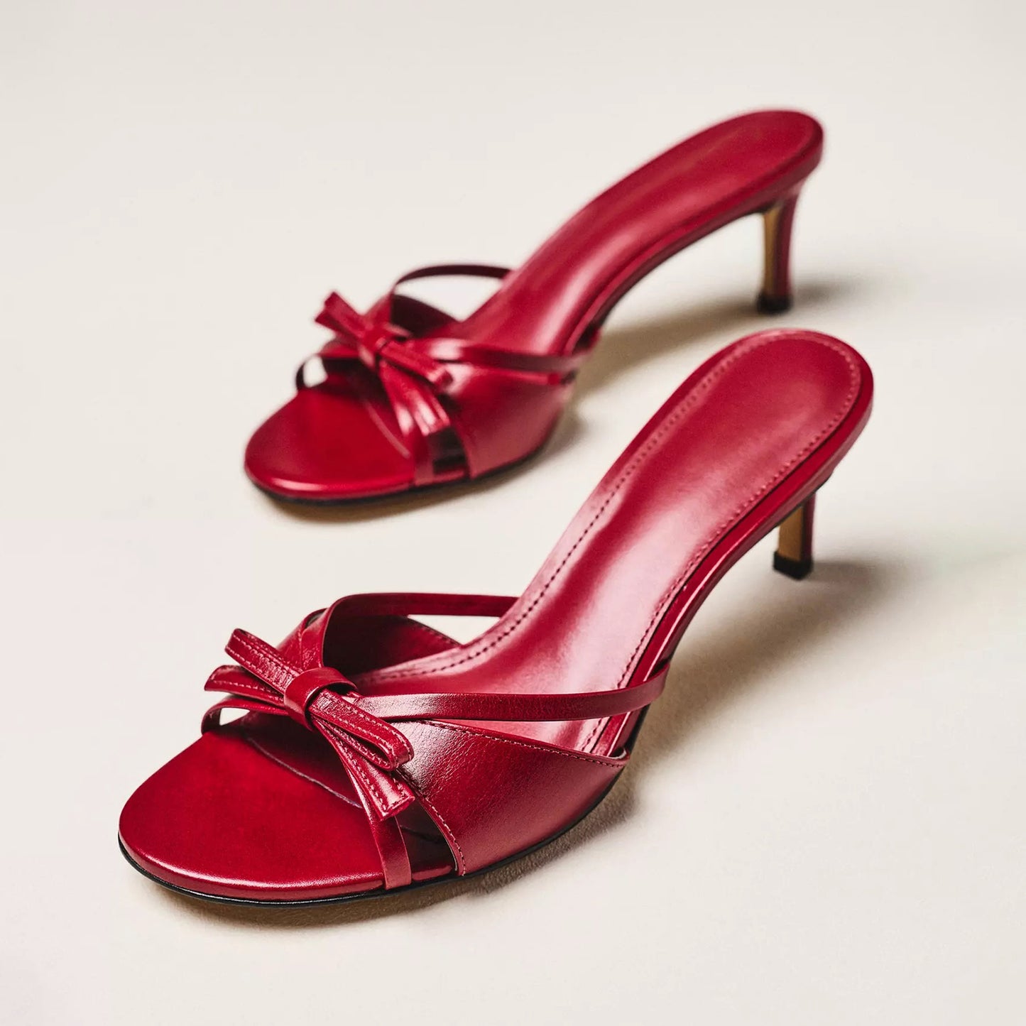 Red Peep Round-Toe Front Knot Strappy Backless Chic Kitten Heels