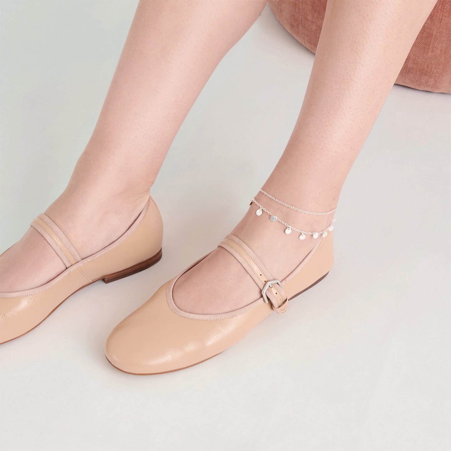 Light Tan Vegan Leather Round-Toe Bridge Strap Ballet Flats