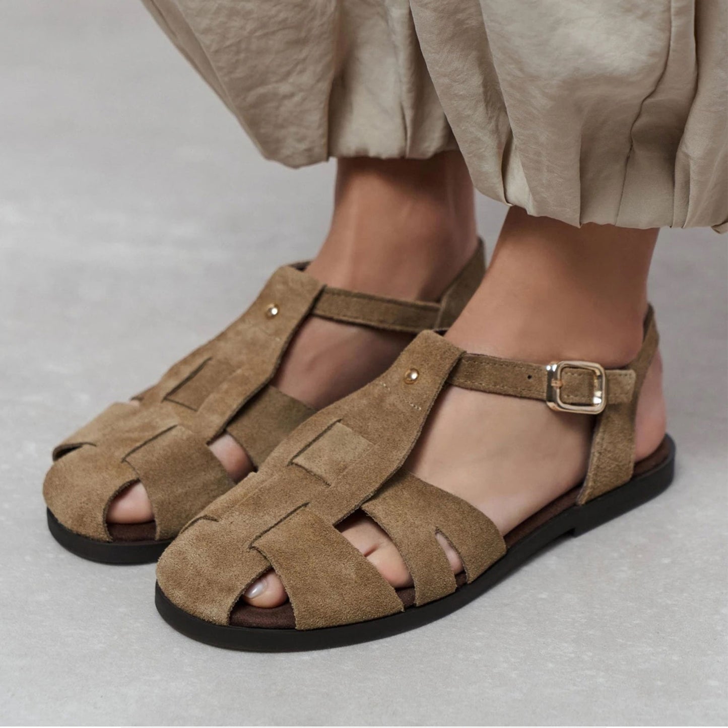 Taupe Cow Suede Round-Toe Caged Detail Buckle Sandals Flats
