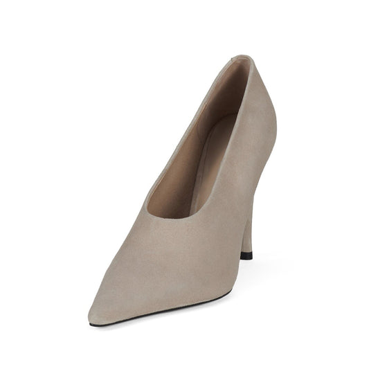 Beige Faux Suede Pointed-Toe Sleek Slip-On Pumps High Heels