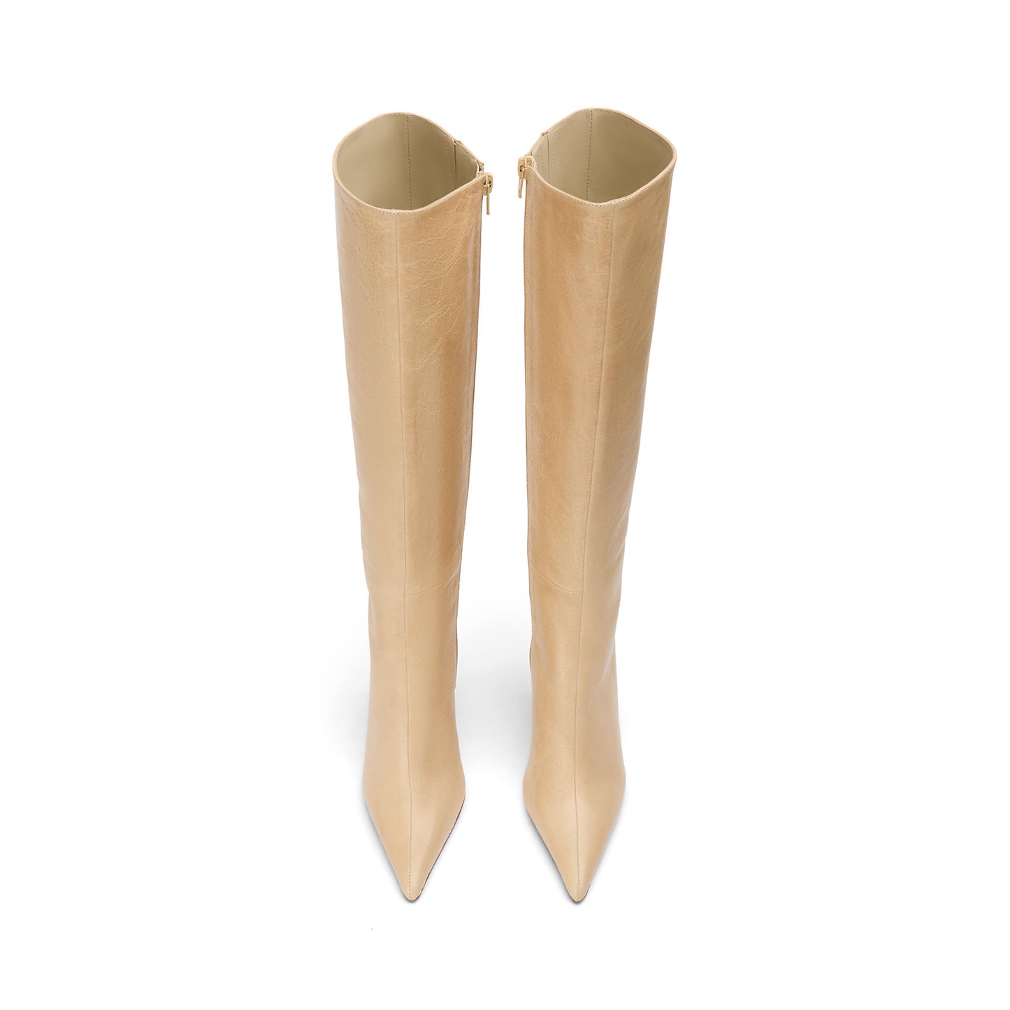 Vintage Beige Pointed-Toe Full-Zip Sleek Knee High Stiletto Boots