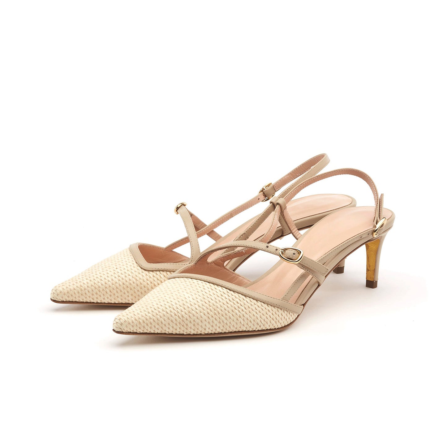 Nude Specially Woven Pointed-Toe Slingback Kitten Heels