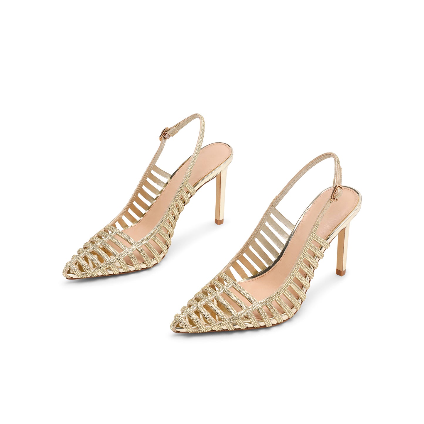 Metallic Gold Pointed-Toe Rhinestones Strappy And Slingback Kitten Heels