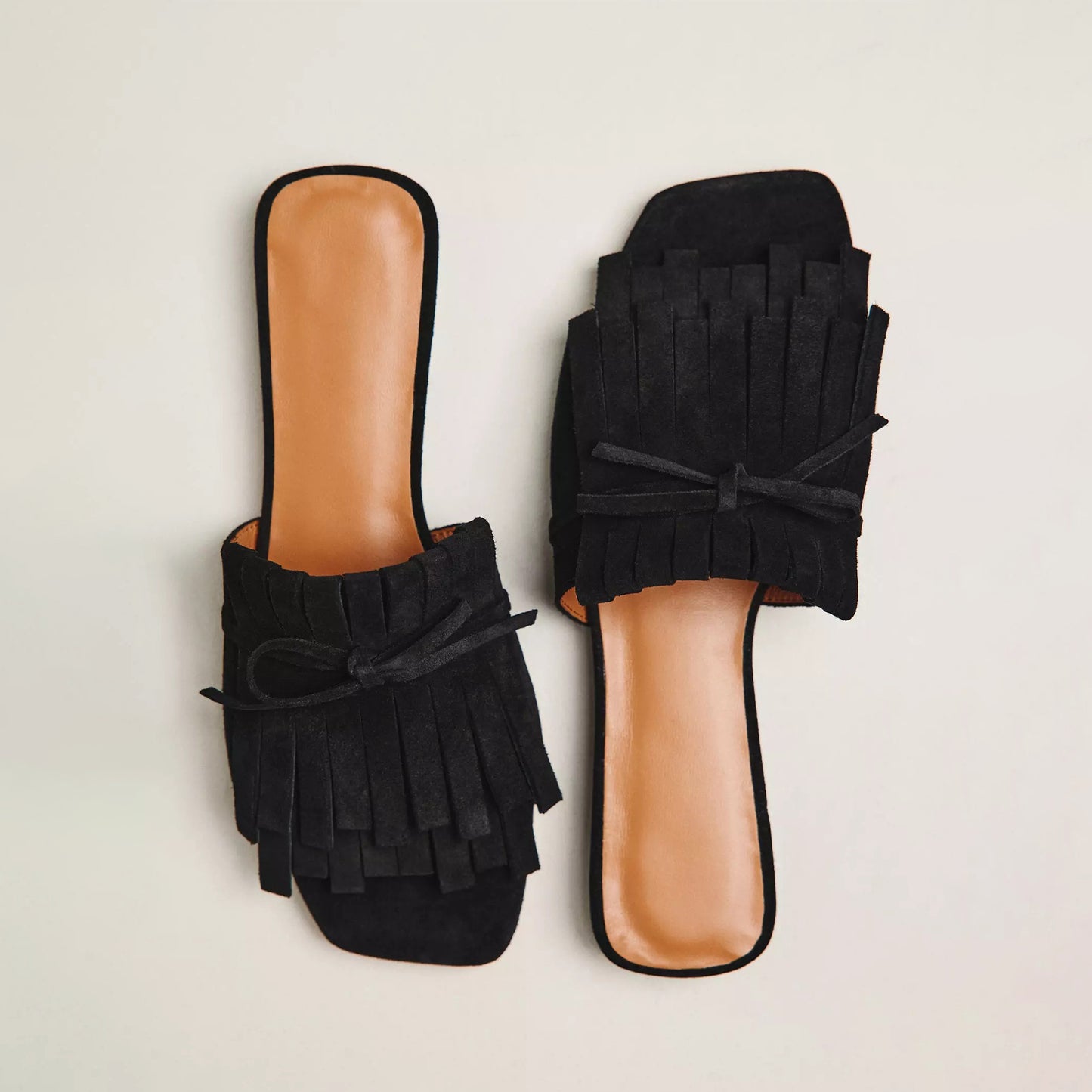 Black Faux Suede Peep Square-Toe Front Fringe And Bow Sandals Flats