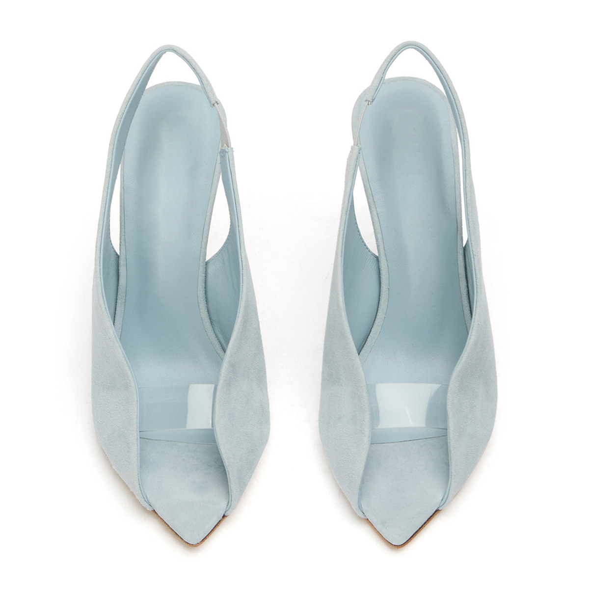 Blue Faux Suede Pointed-Toe Front Transparent TPU Film Slingback High Heels