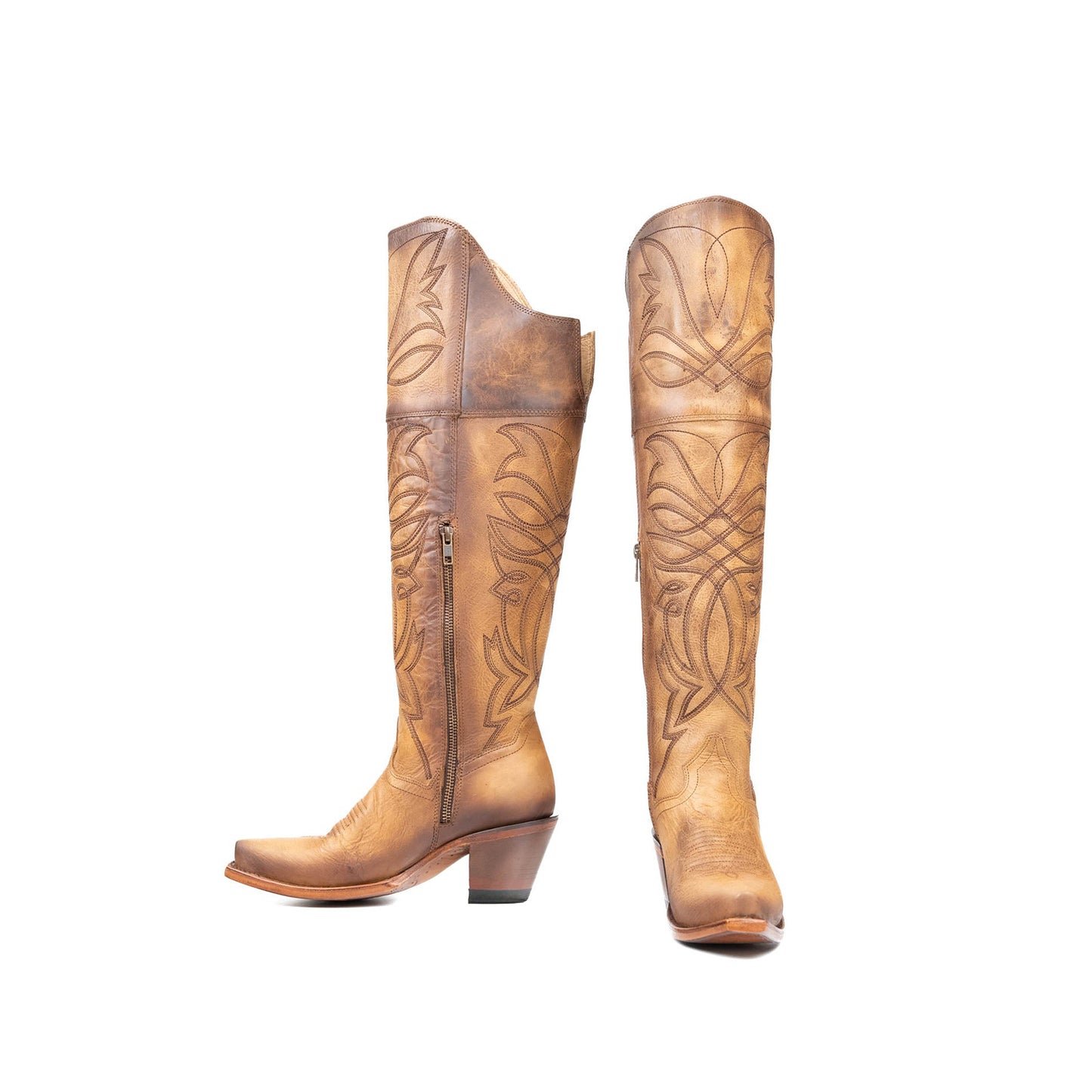 Tan Snip-Toe Half-Zip Western Embroidery Knee High Cowgirl Boots