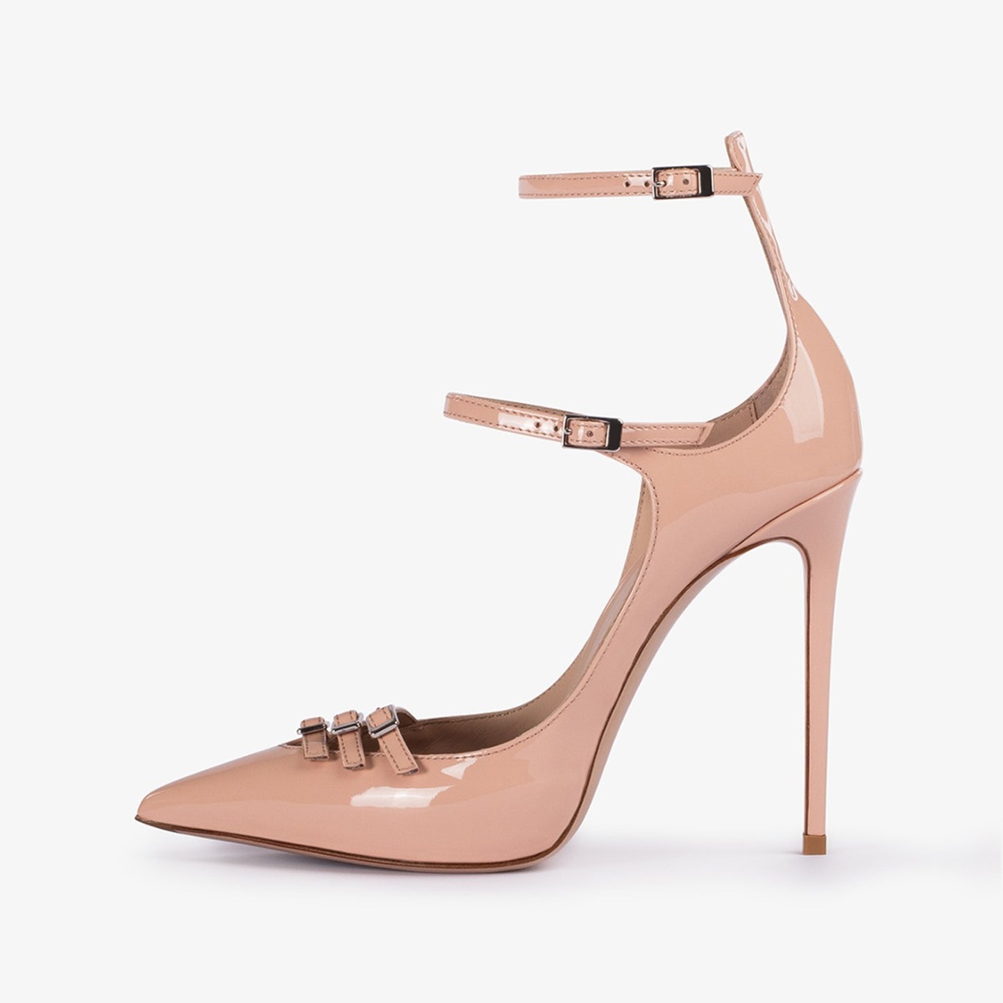 Patent Nude Pointed-Toe Front Straps Double Ankle Straps High Heels