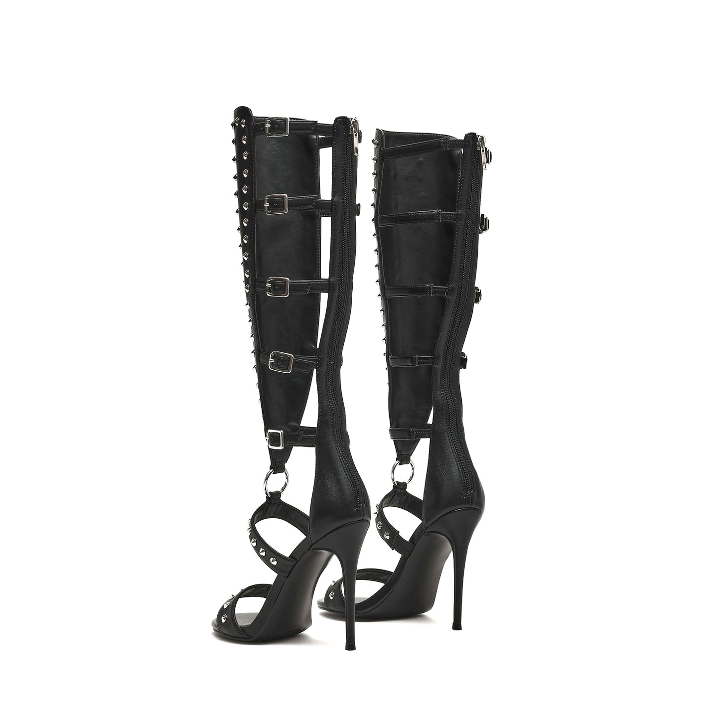 Black Round-Toe Buckle Strappy Full Studs Back Full-Zip Knee High Stiletto Boots