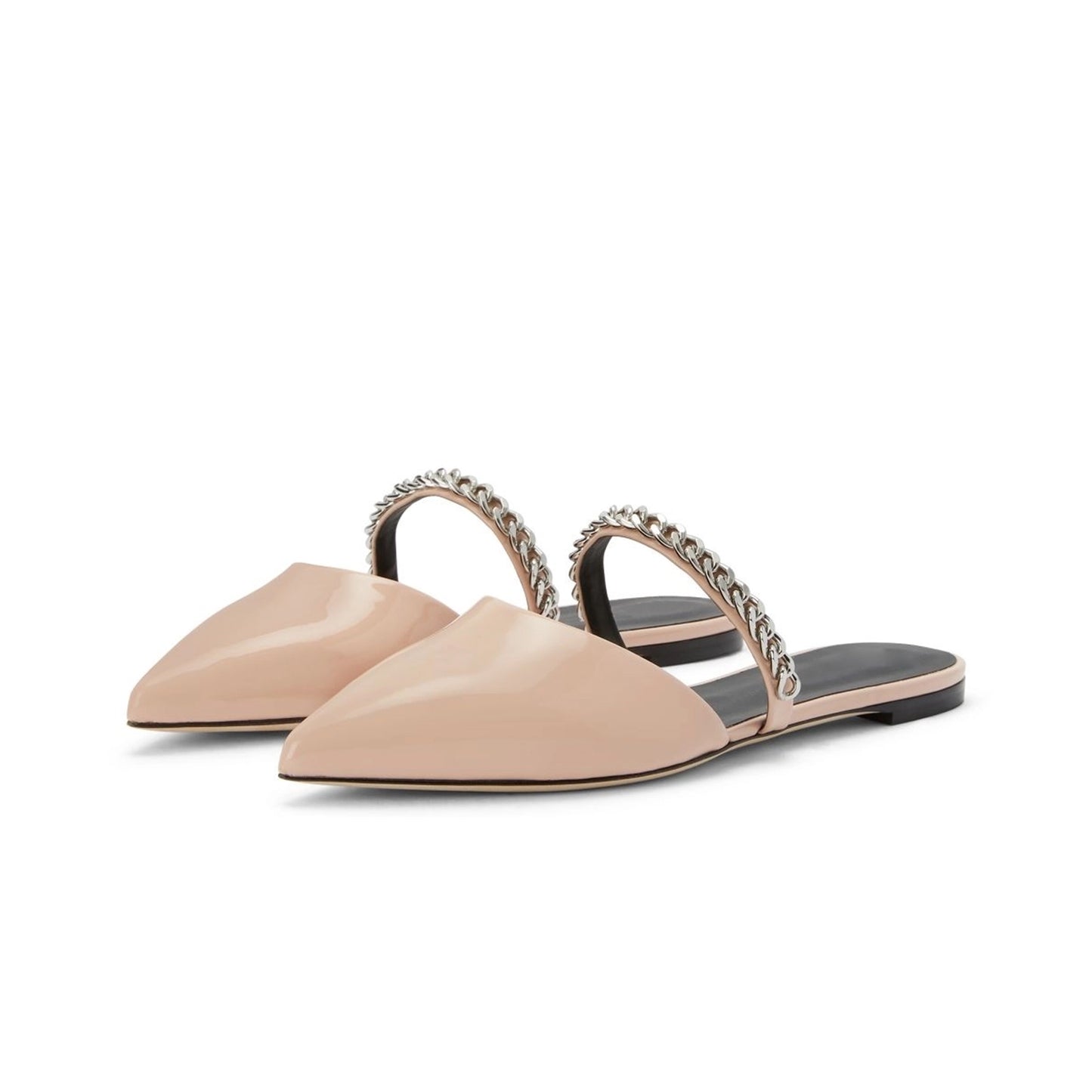 Patent Pink Pointed-Toe Bridge Strap With Silver Chain Backless Flats