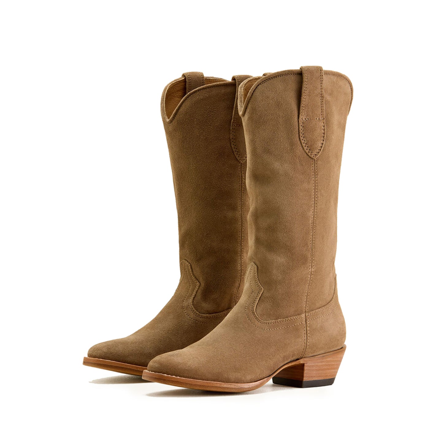 Tan Faux Suede Round-Toe Simple Mid Calf Classic Cowgirl Boots