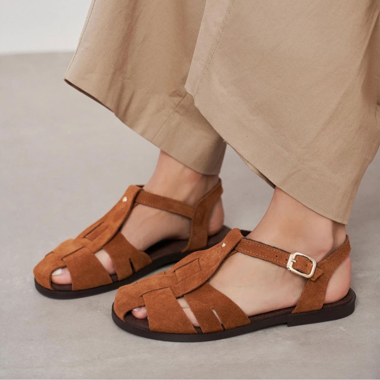 Brown Cow Suede Round-Toe Caged Detail Buckle Sandals Flats