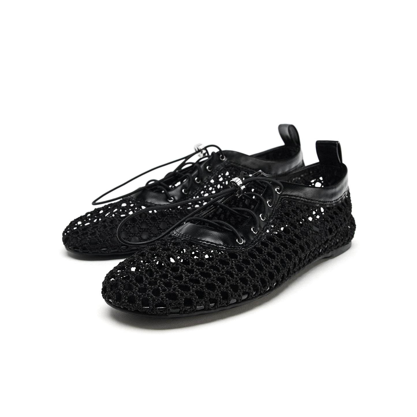 Black Vegan Leather Woven Round-Toe Lace-Up Flats