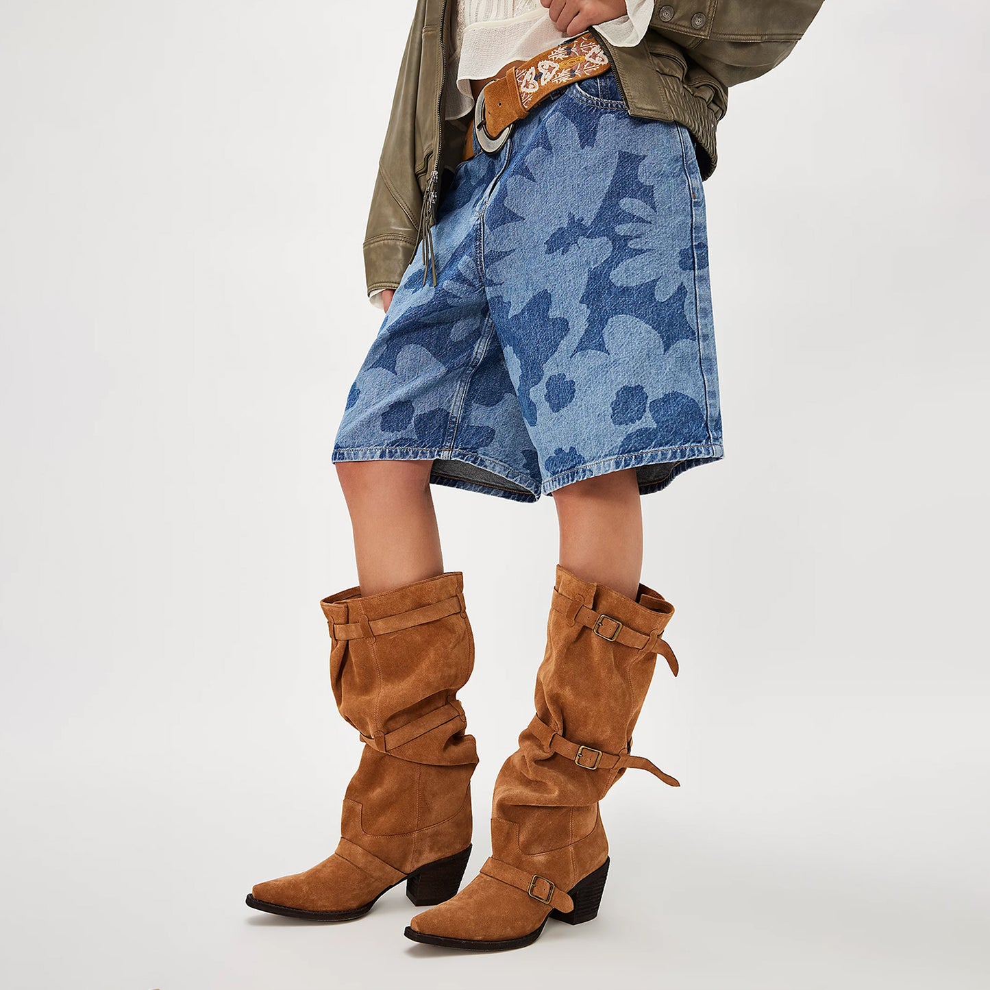 Tan Faux Suede Snip-Toe Three Buckle Straps Wide Calf Knee High Cowgirl Boots