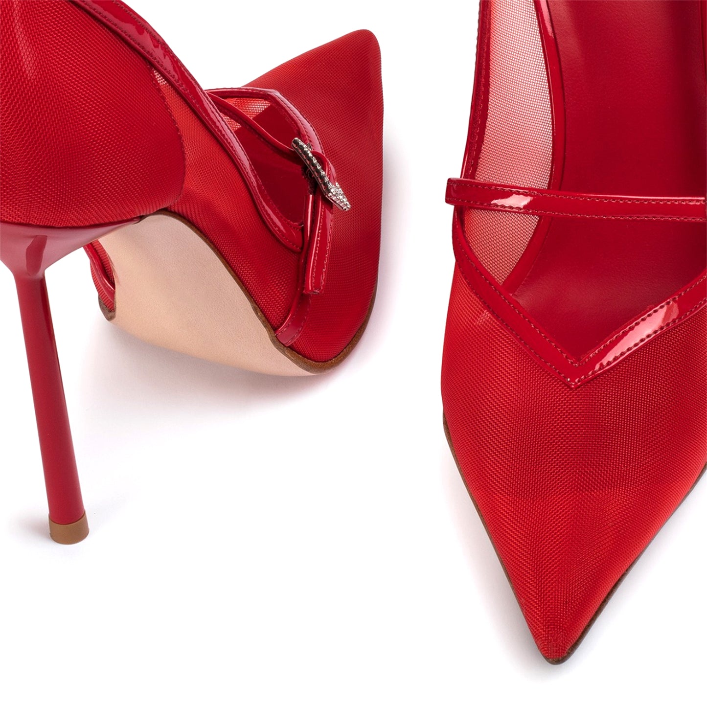 Red Mesh Pointed-Toe Patent Bridge Strap High Heels
