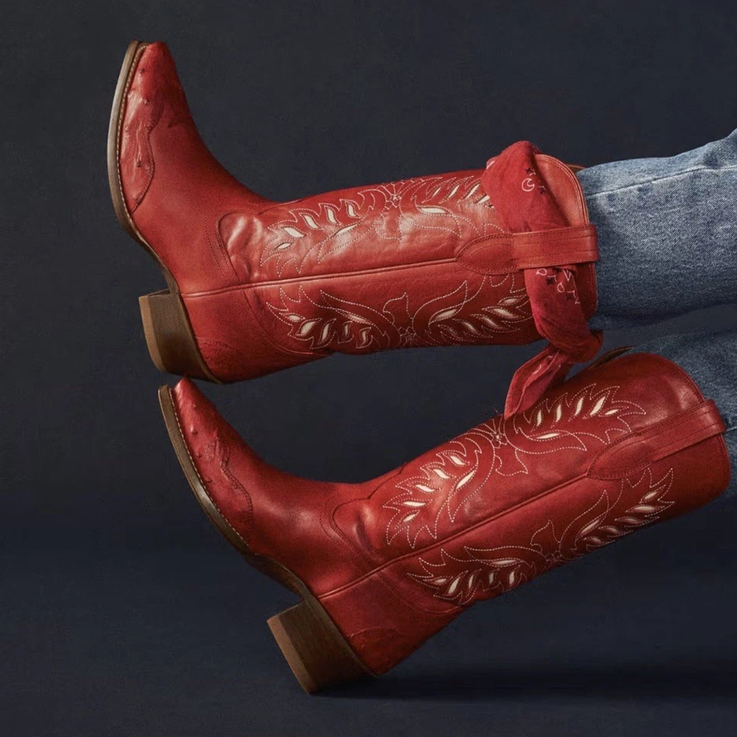 Red Vegan Leather And Ostrich Pattern Snip-Toe Embroidery And Inlay Mid Calf Cowgirl Boots