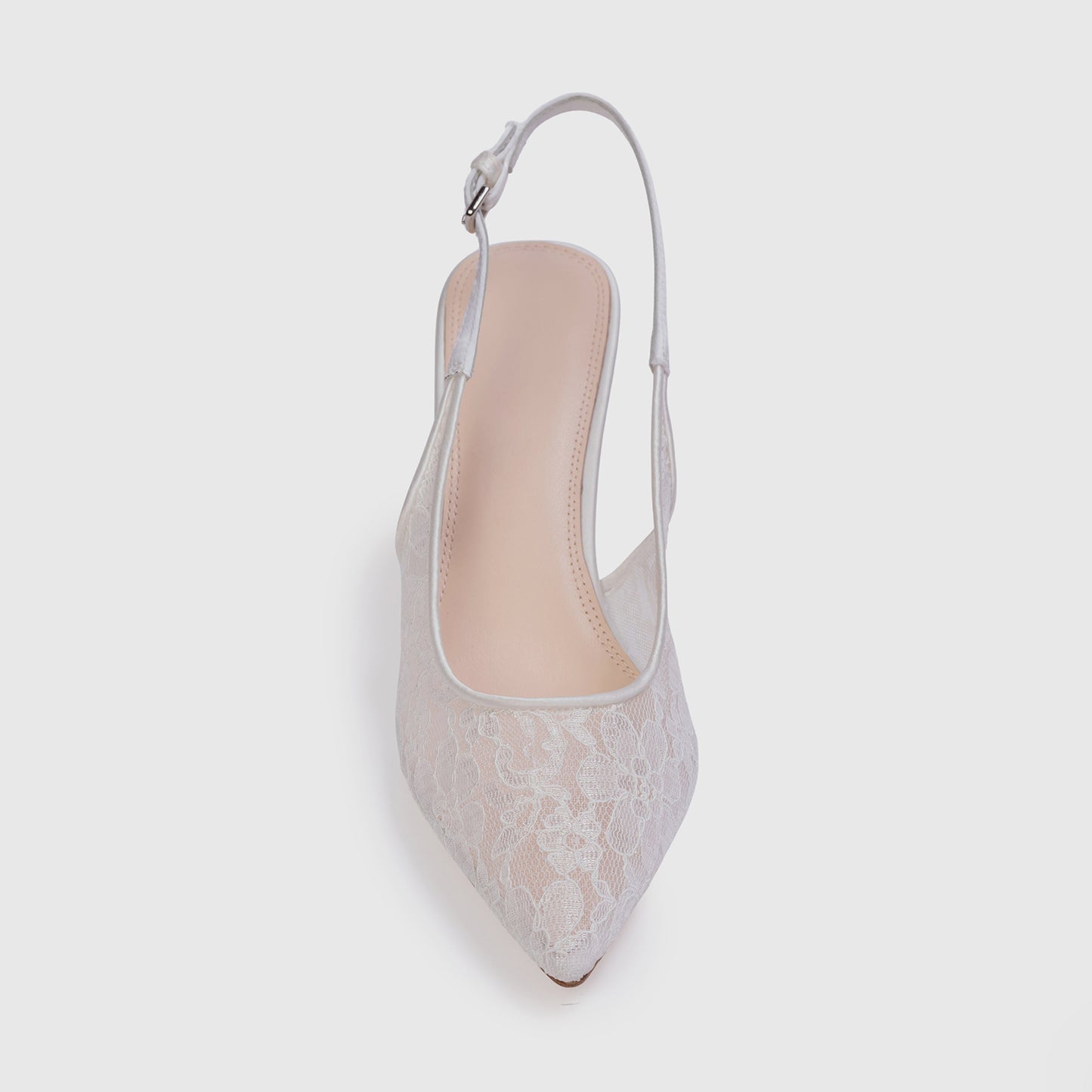 White Lace Mesh Pointed-Toe Buckle Back Strap Kitten Heels