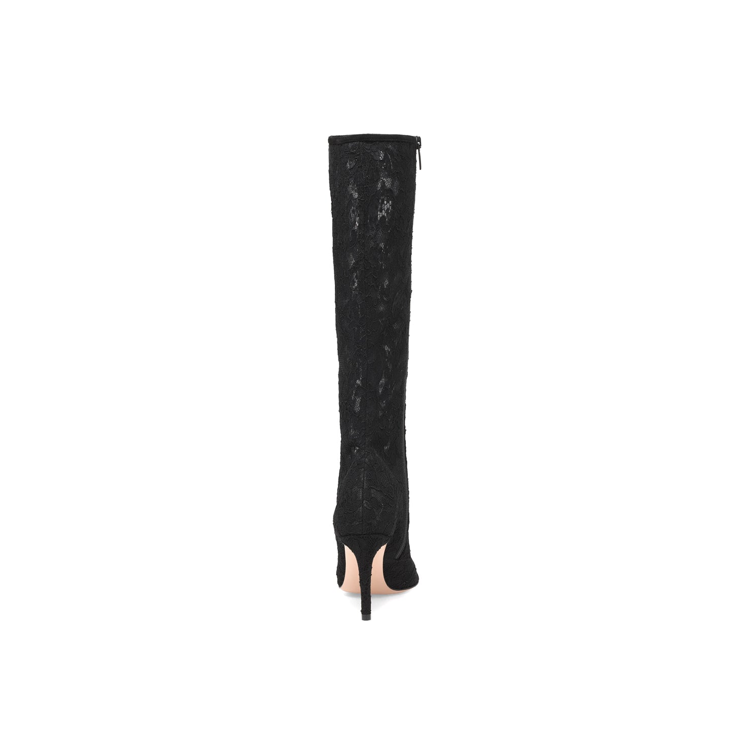 Black Lace Mesh Pointed-Toe Full-Zip Knee High Stiletto Boots