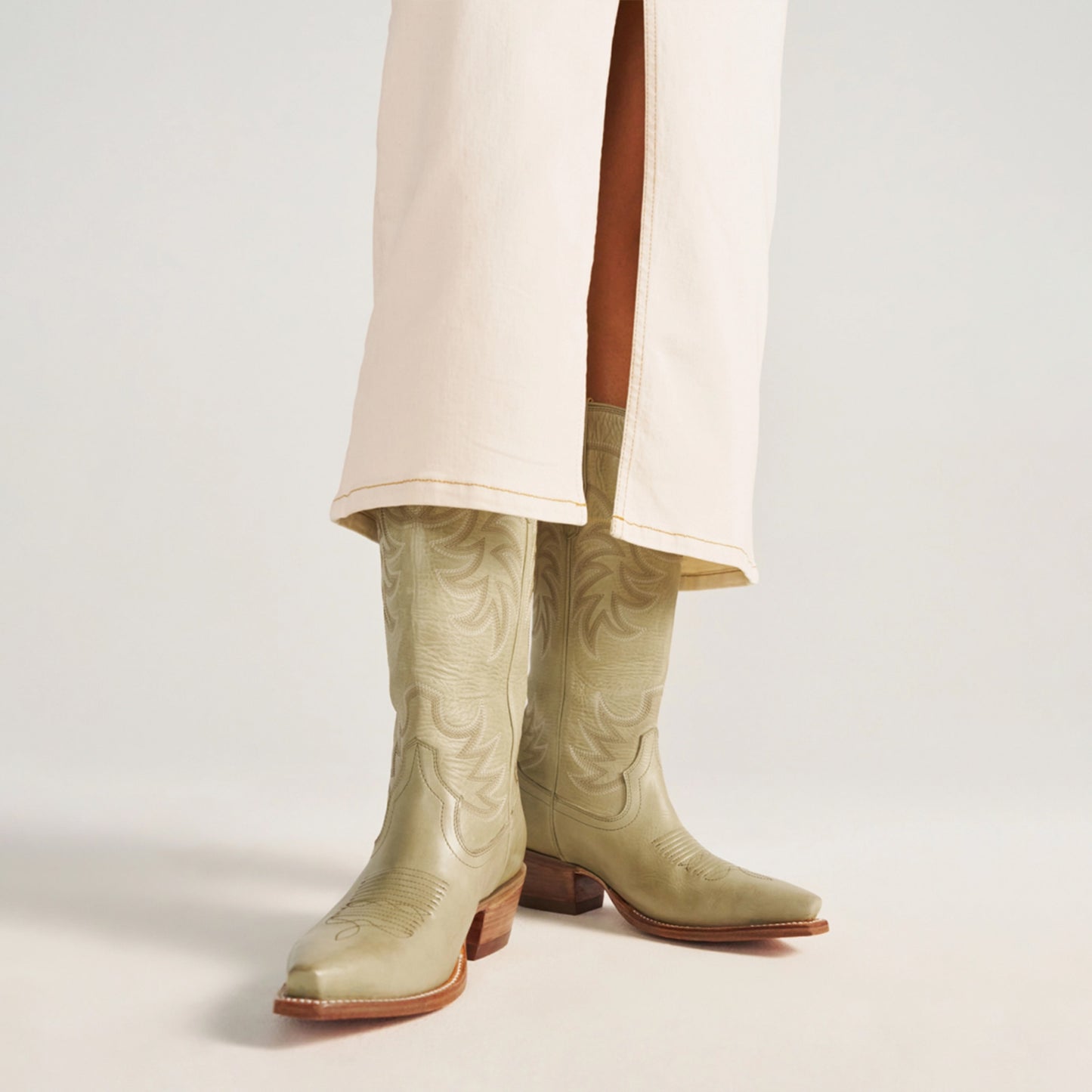 Light Olive Green Snip-Toe Embroidery Mid Calf Cowgirl Boots