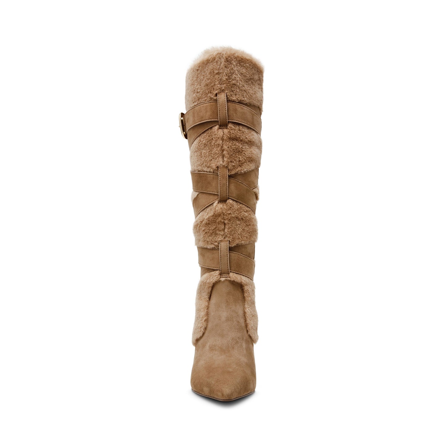 Tan Faux Suede Contrast Plush Pointed-Toe Full-Zip Buckle Knee High Stiletto Boots