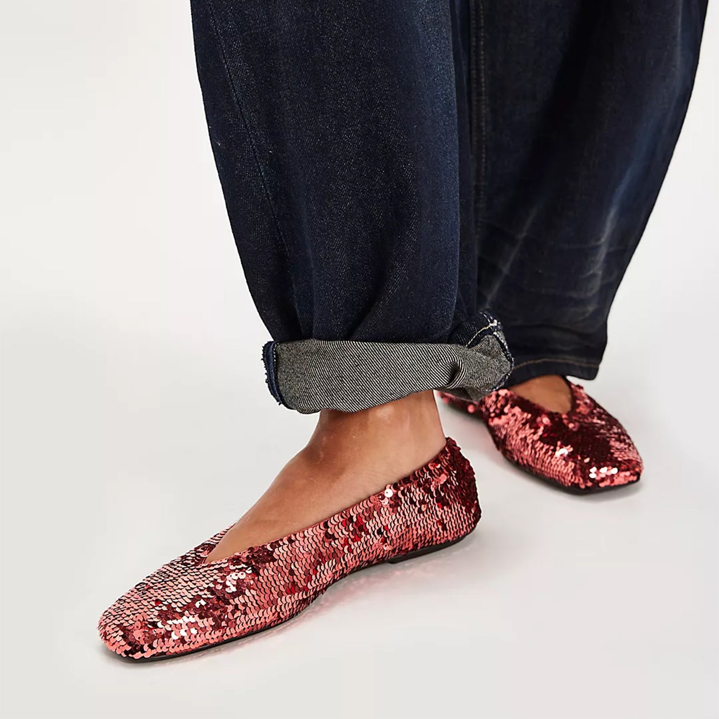 Peach Satin Round-Toe Classic Ballet Slip-On Sequin Flats