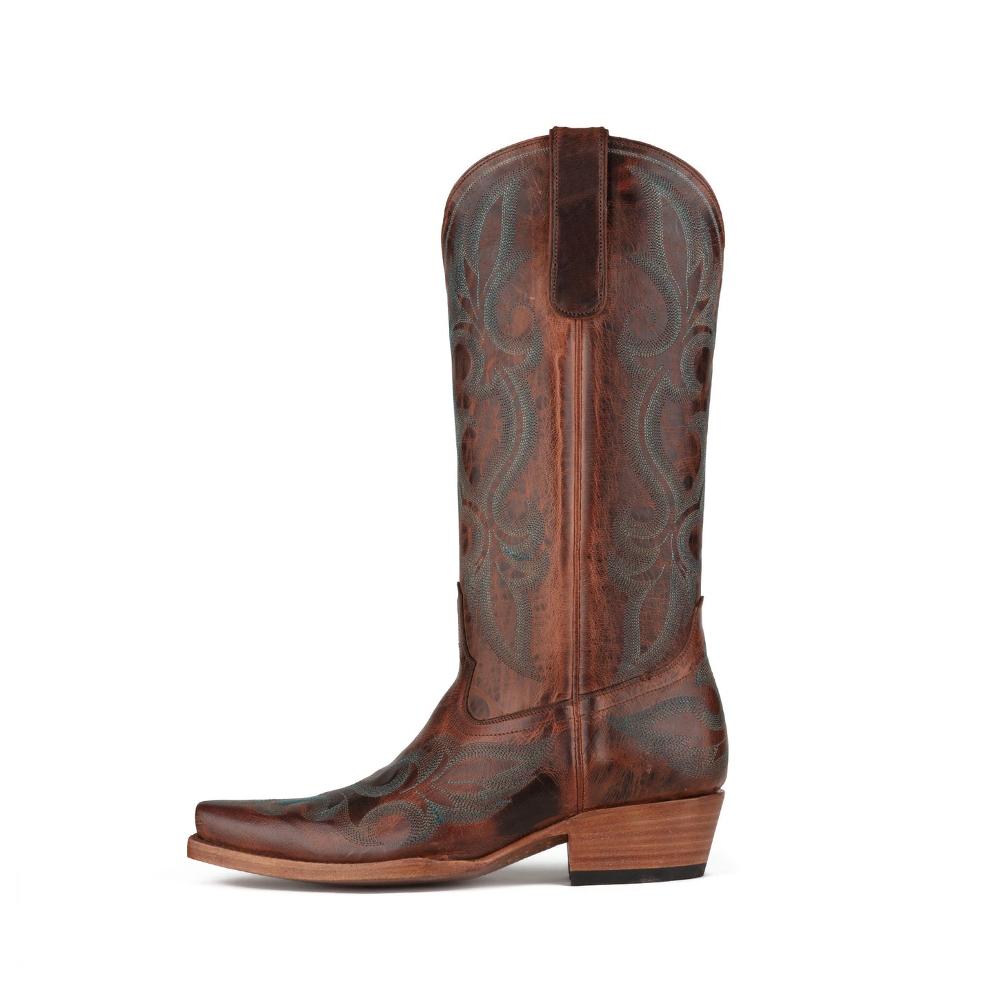 Distressed Cognac Snip-Toe Western Embroidery Classic Mid Calf Cowgirl Boots