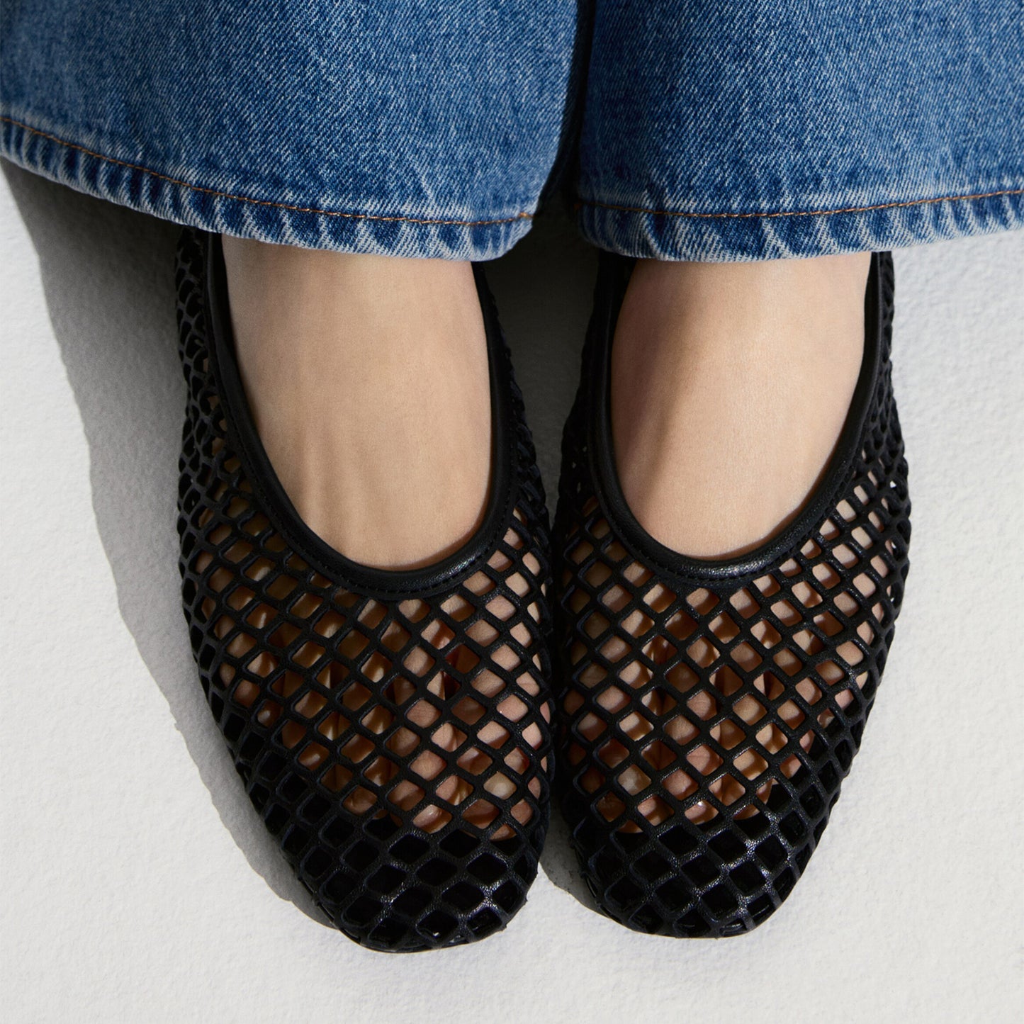 Black Square-Toe Perforated Ballet Flats With Ankle Strap