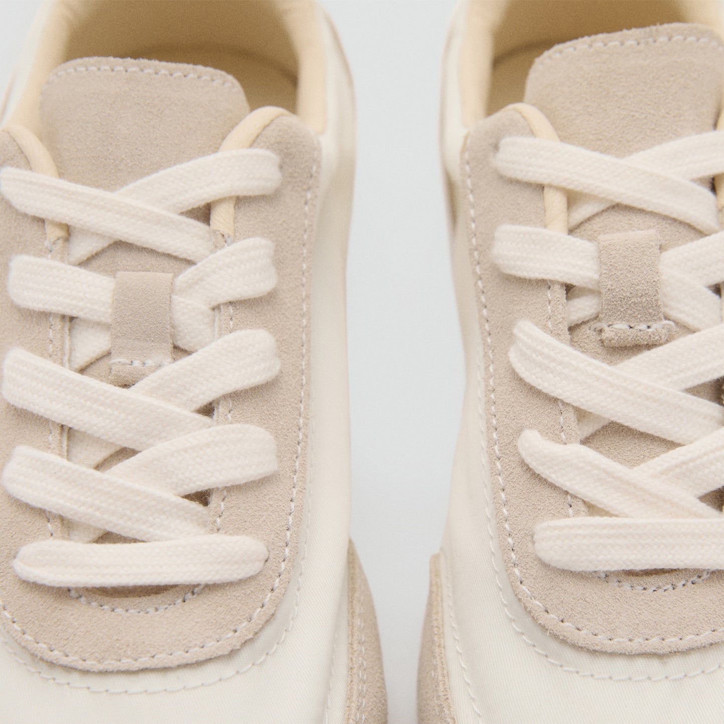 White Faux Suede And Mesh Round-Toe Lace-Up Sneakers Flats