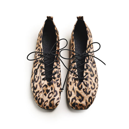 Leopard Satin Square-Toe Lace-Up Ballet Flats