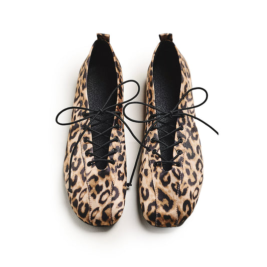 Leopard Satin Square-Toe Lace-Up Ballet Flats