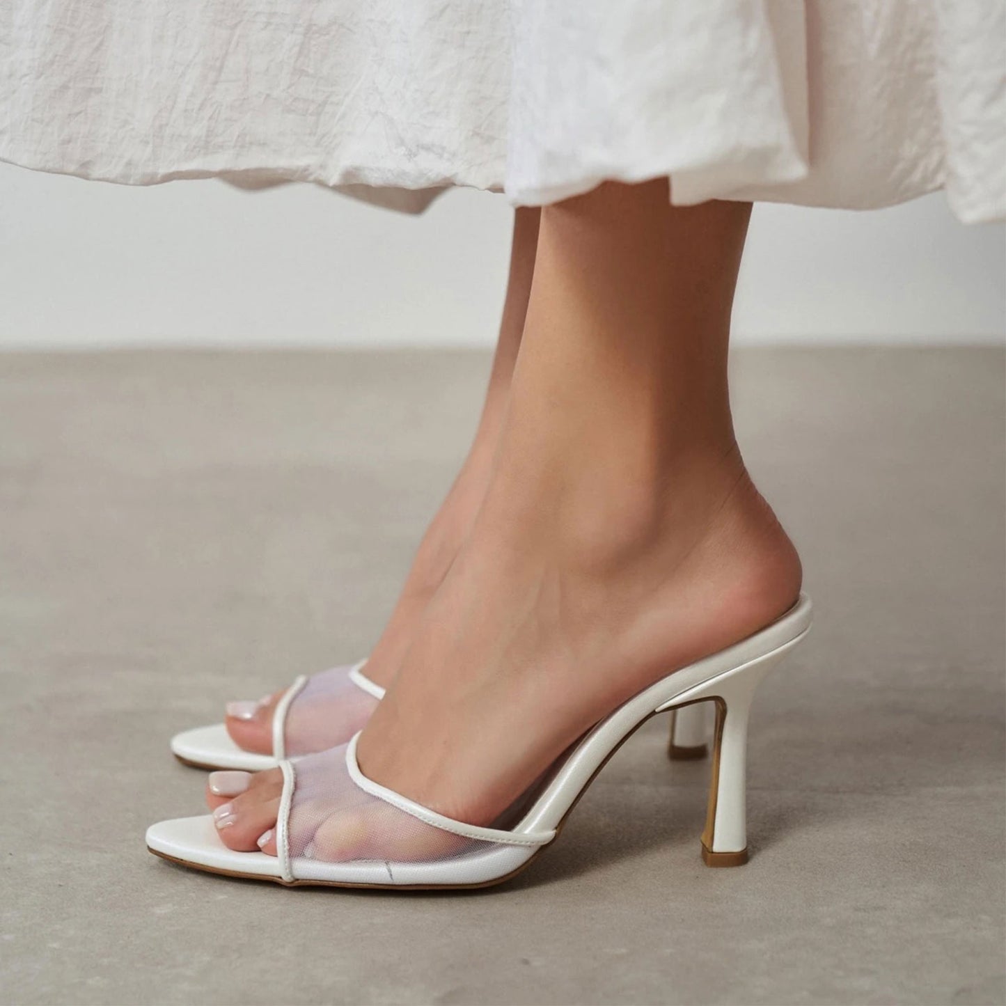 White Mesh And Vegan Leather Pointed-Toe Backless Classic High Heels