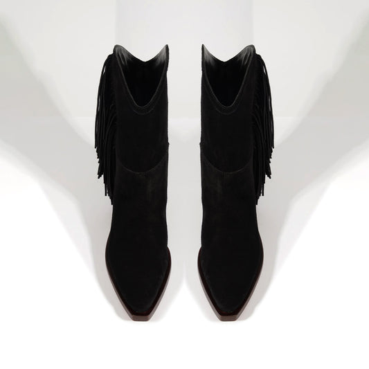 Black Faux Suede Pointed-Toe Side Fringe Mid Calf Cowgirl Boots