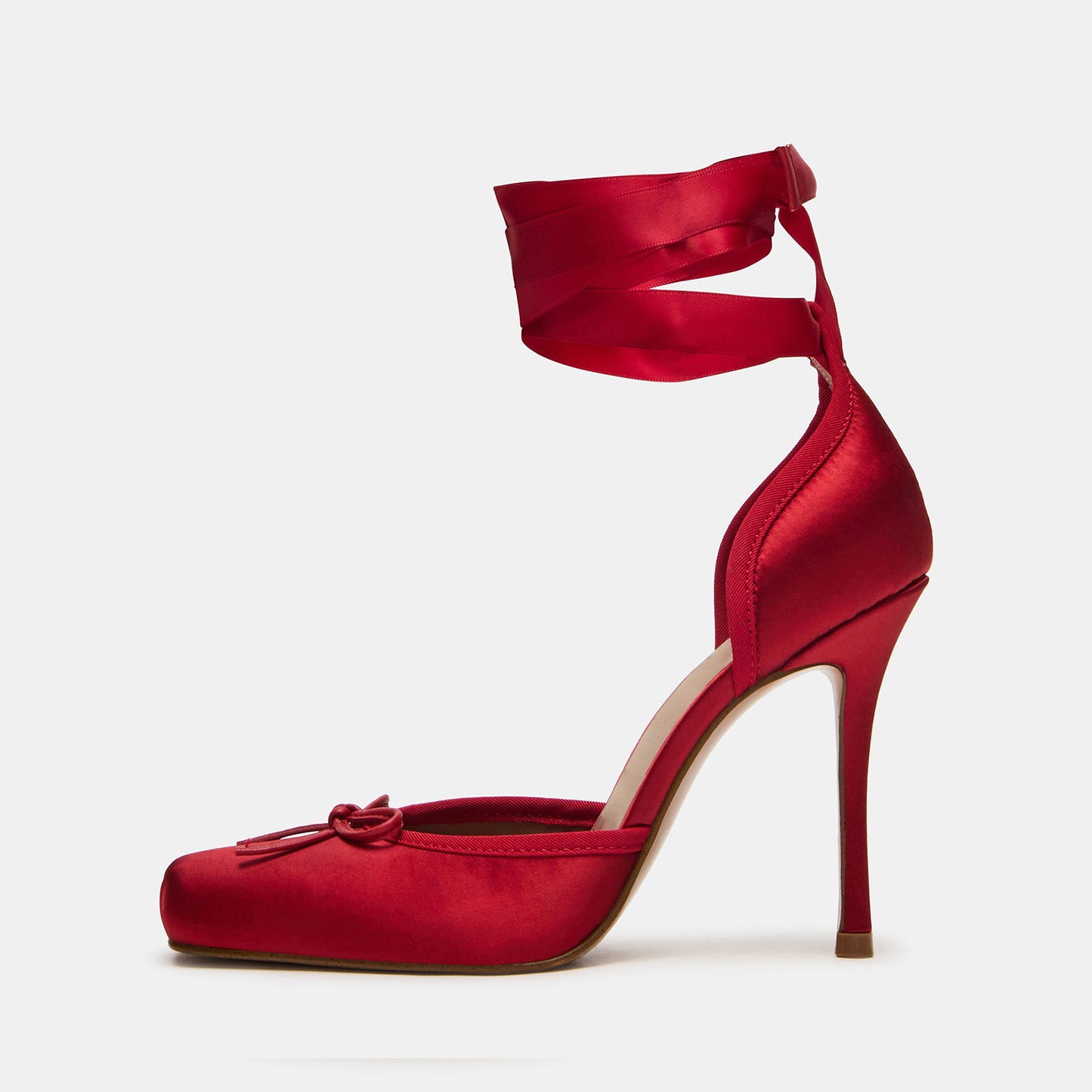 Red Satin Square-Toe Front Bow Ankle Strap Slip-On High Heels