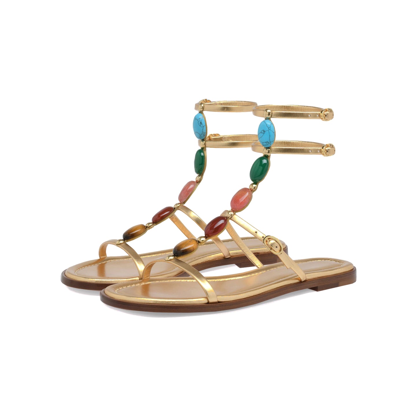 Metallic Gold Square-Toe Colorful Crystals Double Ankle Straps Flats