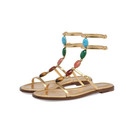 Metallic Gold Square-Toe Colorful Crystals Double Ankle Straps Flats
