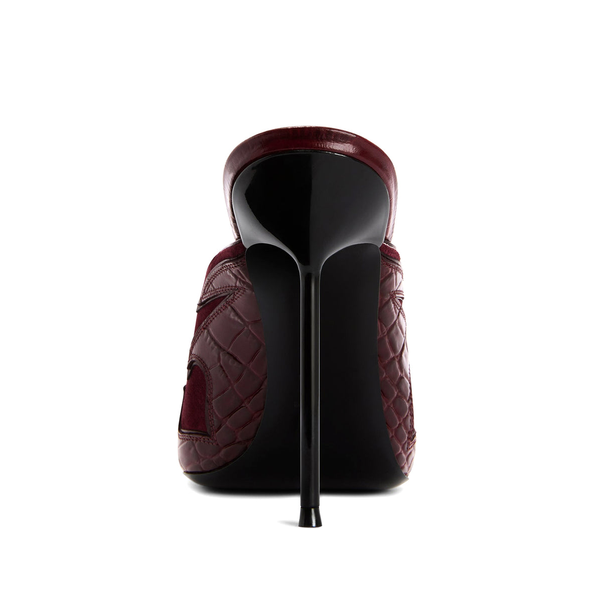 Burgundy Faux Suede And Crocodile Pattern Pointed-Toe Backless Slip-On High Heels