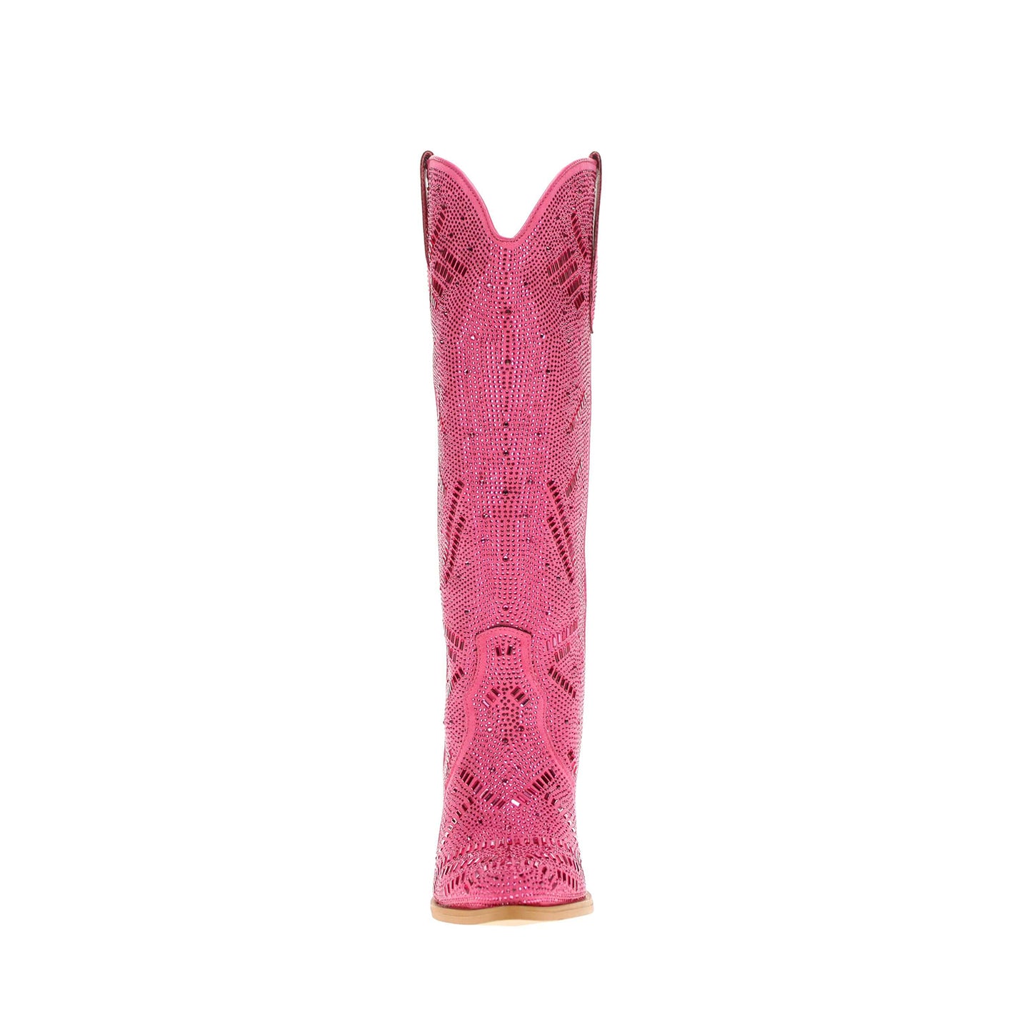 Pink Faux Suede Pointed-Toe Full Crystals Wide Calf Knee High Cowgirl Boots