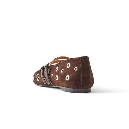 Cocoa Faux Suede Square-Toe Eyelet Double Buckle Bridge Strap Flats