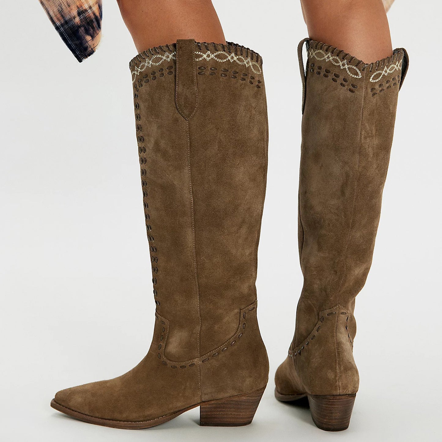 Taupe Almond-Toe Running Stitch And Embroidery Wide Calf Knee High Cowgirl Boots