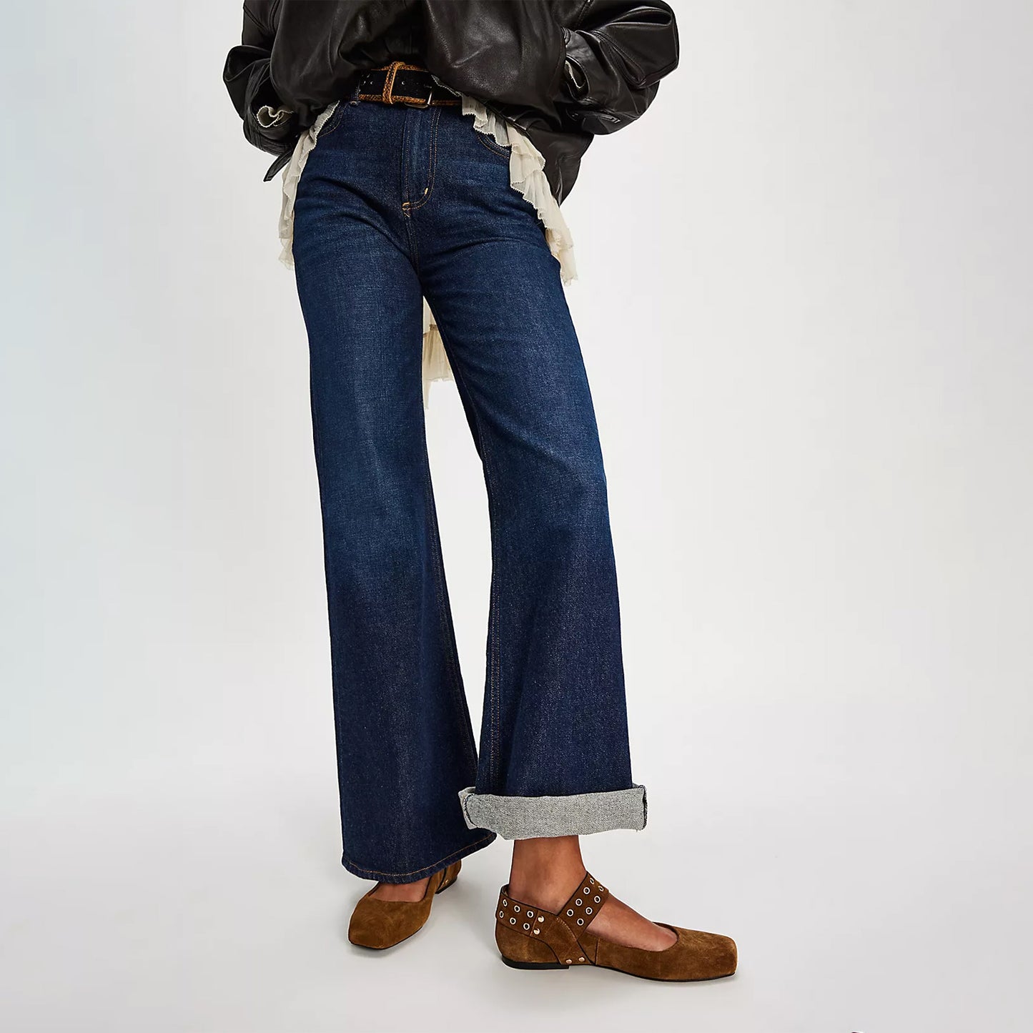 Toffee Suede Square-Toe Studded Adjustable Strap With Buckle Flats