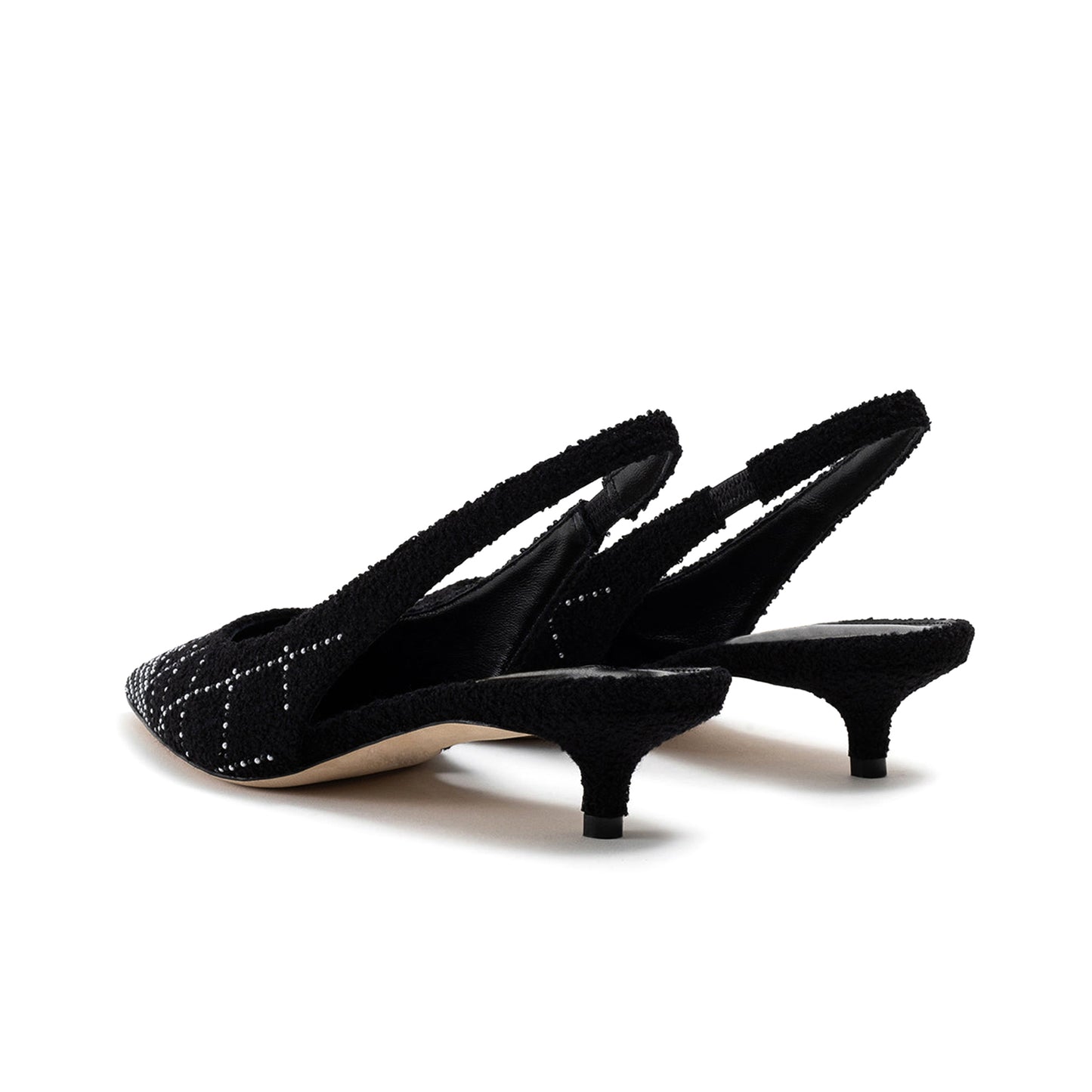 Black Tweed With Pearls Pointed-Toe Slingback Slip-On Kitten Heels