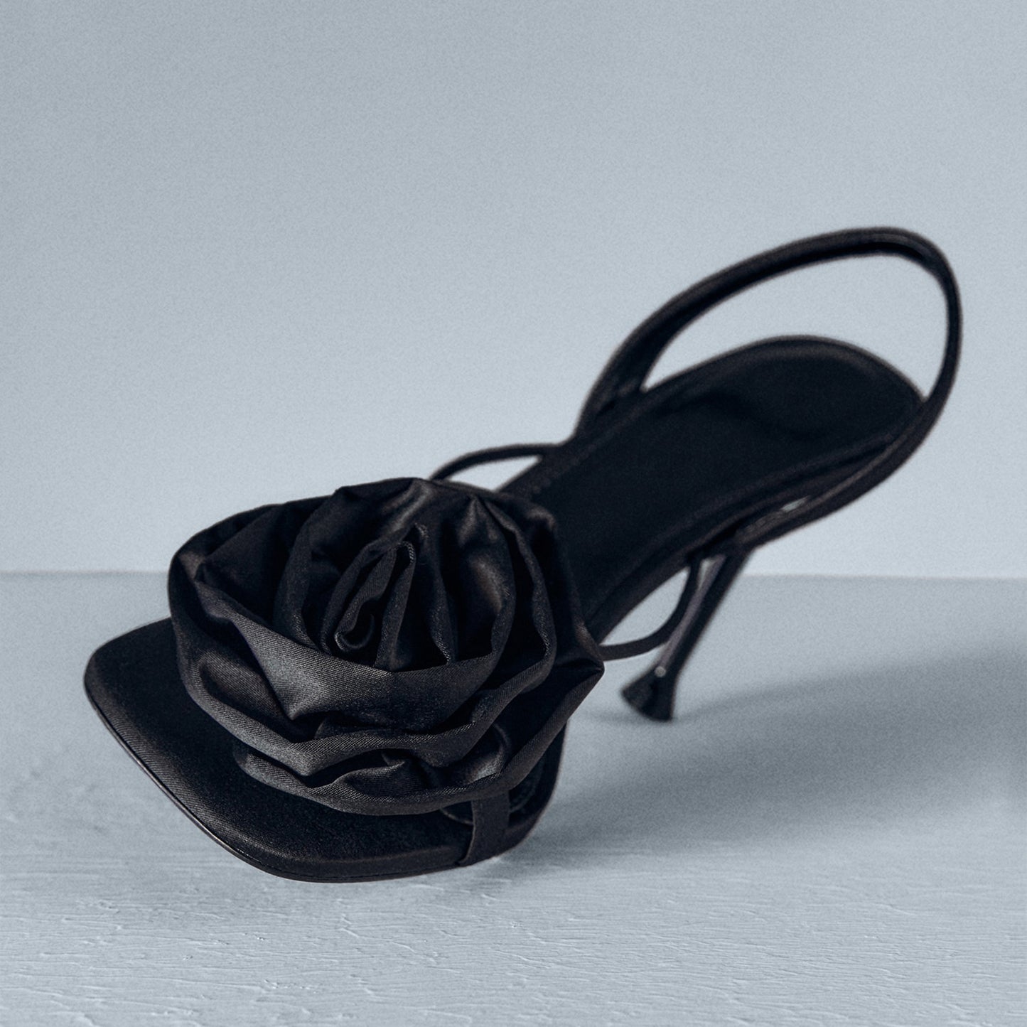 Black Satin Square-Toe Big Front Flower Slingback High Heels