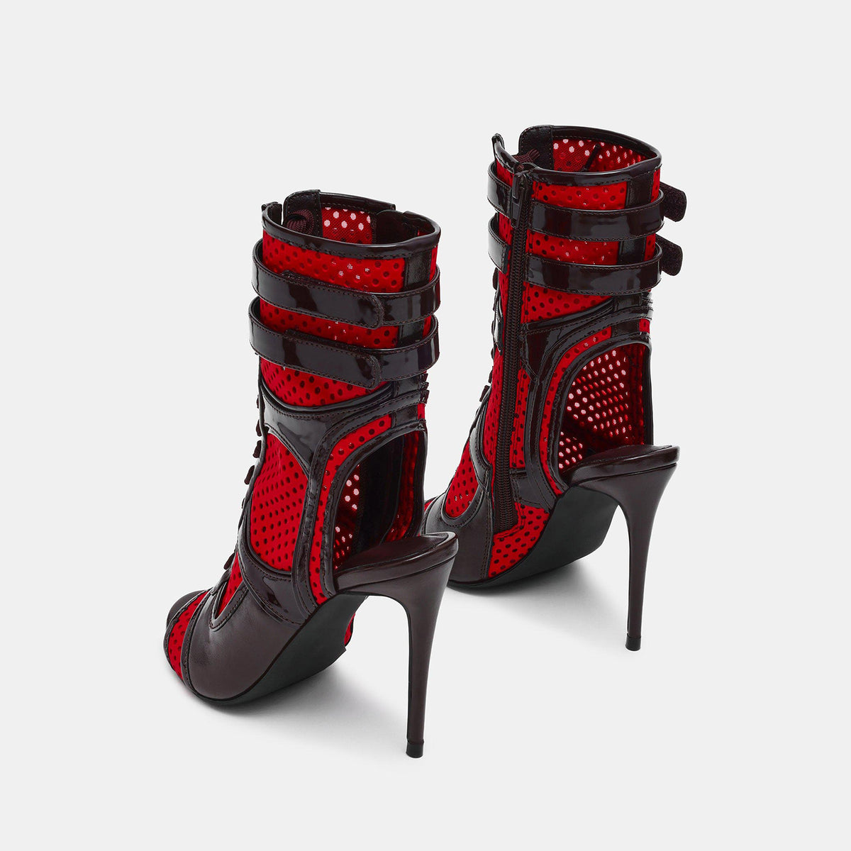 Black Vegan Leather And Red Mesh Peep Round-Toe Front Lace-Up Strappy Side Full-Zip Stiletto Shoes