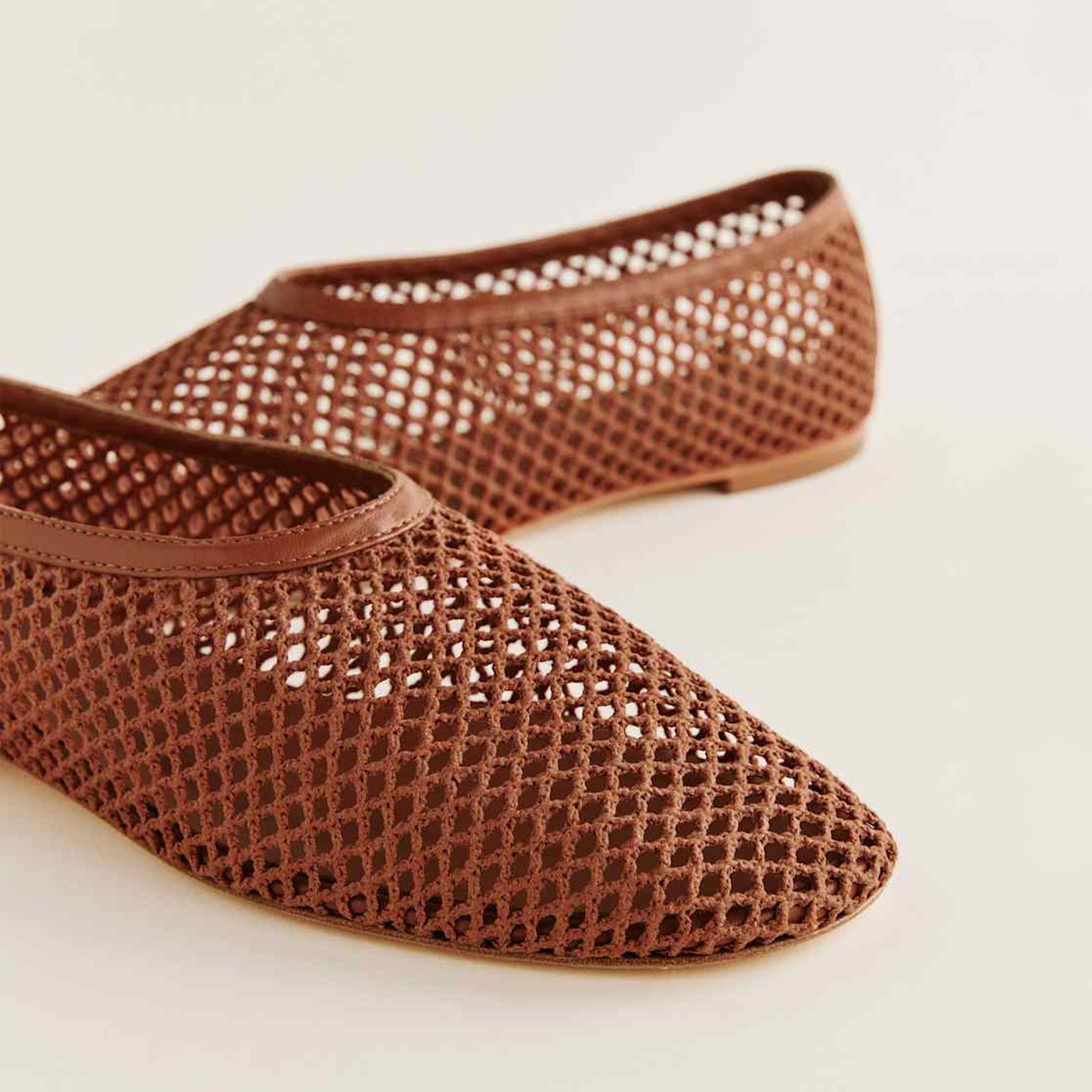 Brown Mesh Vegan Leather Square-Toe Classic Ballet Slip-On Flats