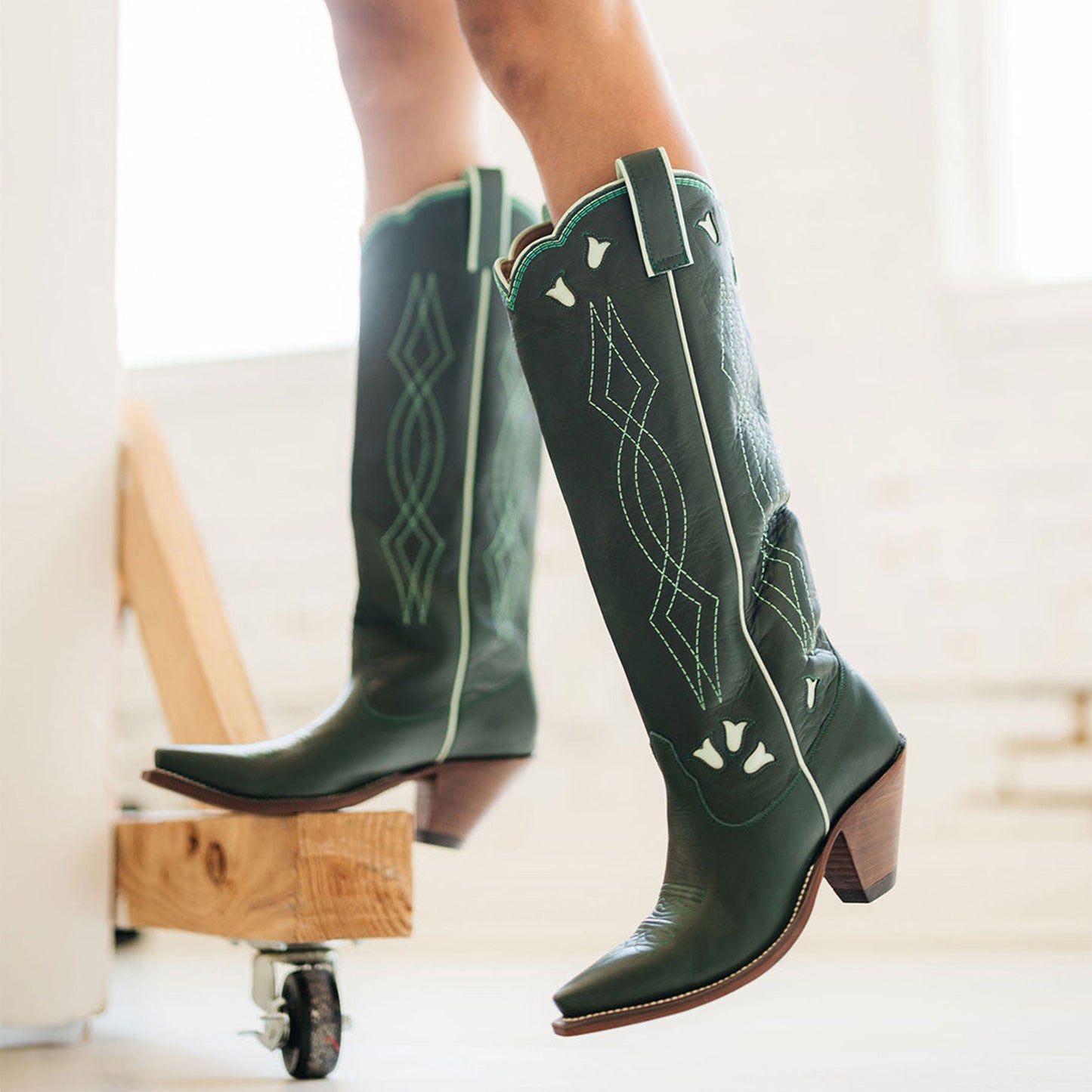 Dark Green Snip-Toe Tulip Inlay Embroidery Wide Calf Knee High Cowgirl Boots