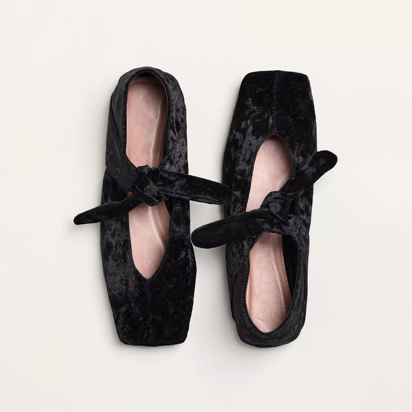 Black Velvet Square-Toe Bow Mary Jane Ballet Flats