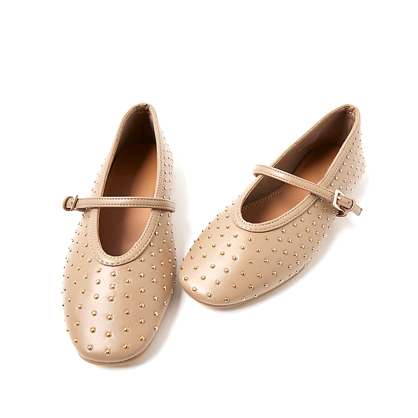 Beige Square-Toe Studded Mary Jane Ballet Flats