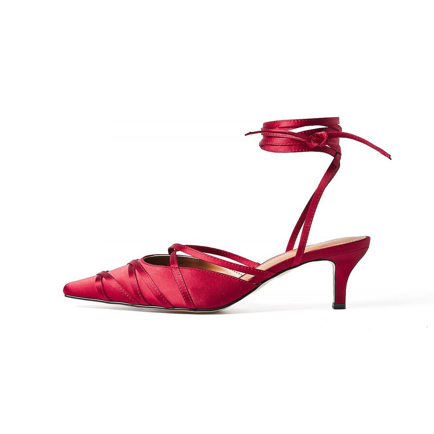 Red Satin Pointed-Toe Lace Up Detail Kitten Heels Pumps