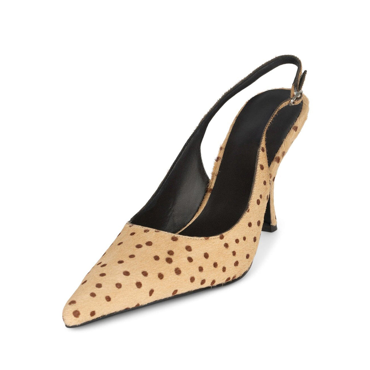 Tan And Brown Spots Pony Hair Vegan Leather Pointed-Toe Slingback High Heels